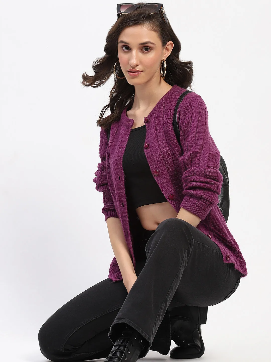 Madame Round Neck Button Down Plum Cardigan