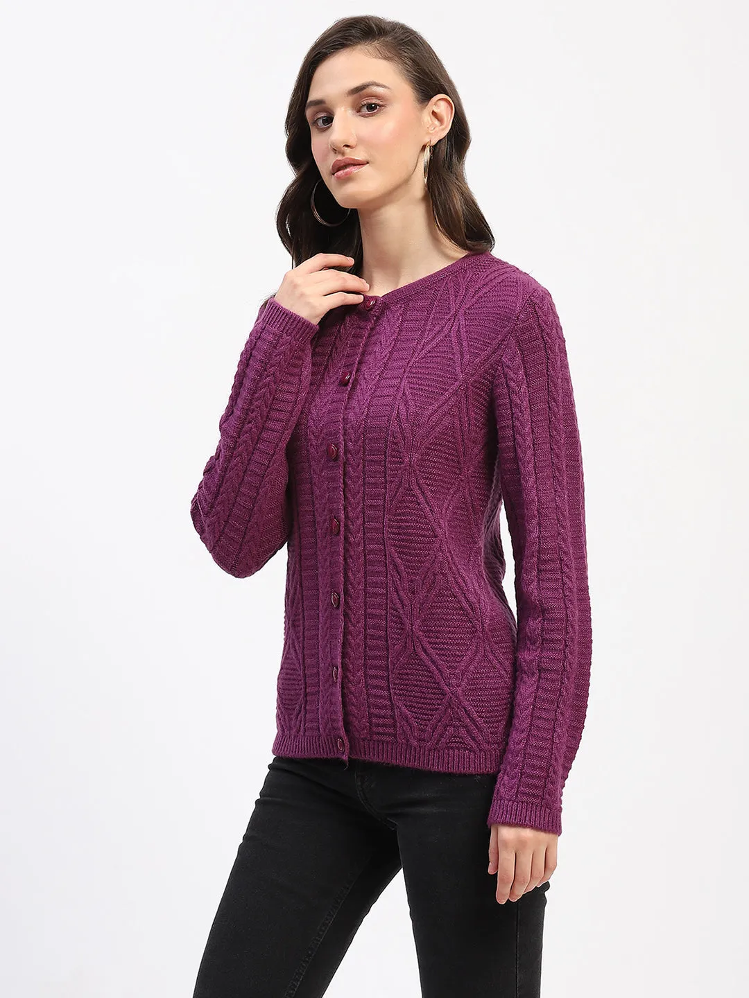 Madame Round Neck Button Down Plum Cardigan