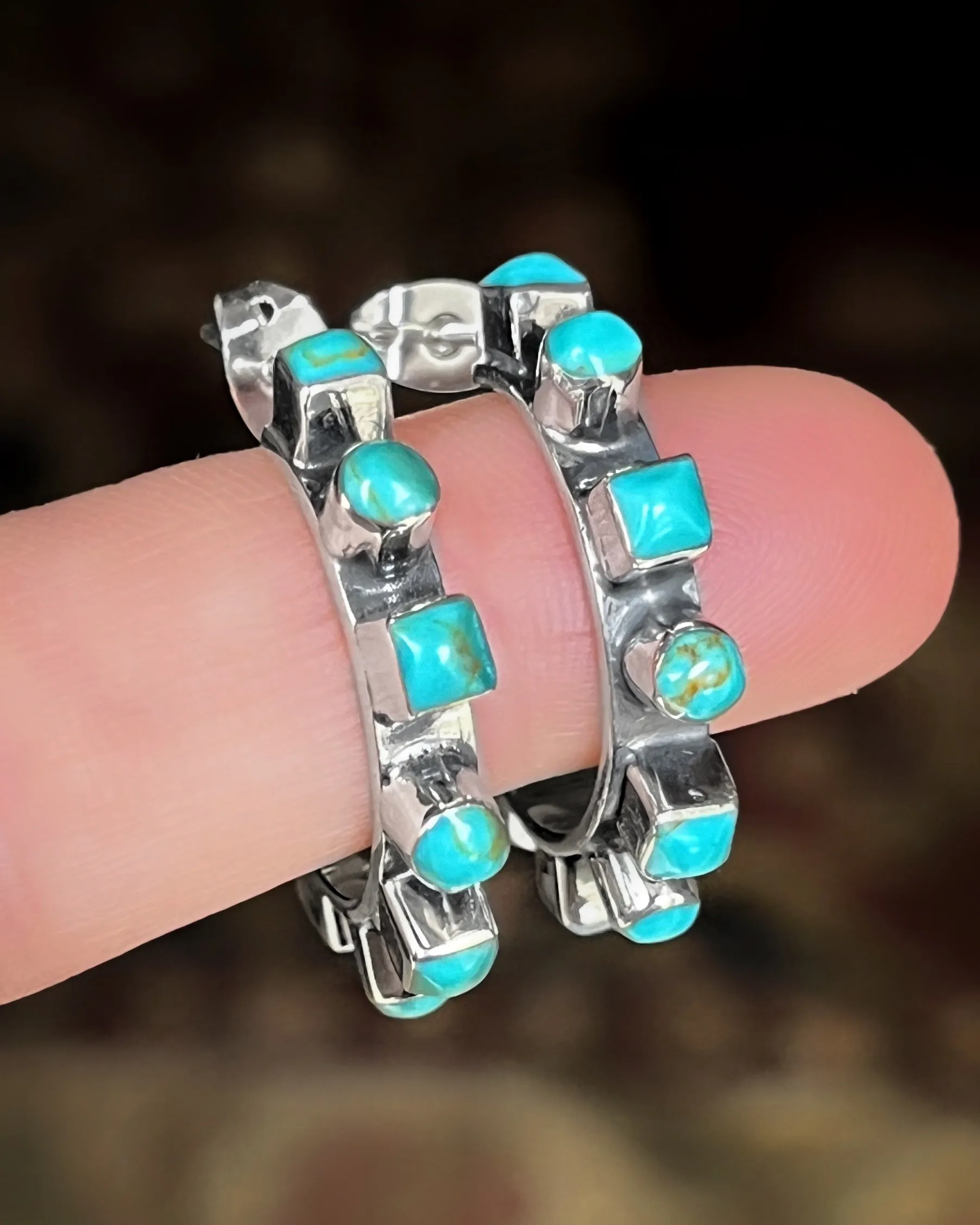 Made-to-order turquoise hoops in silver