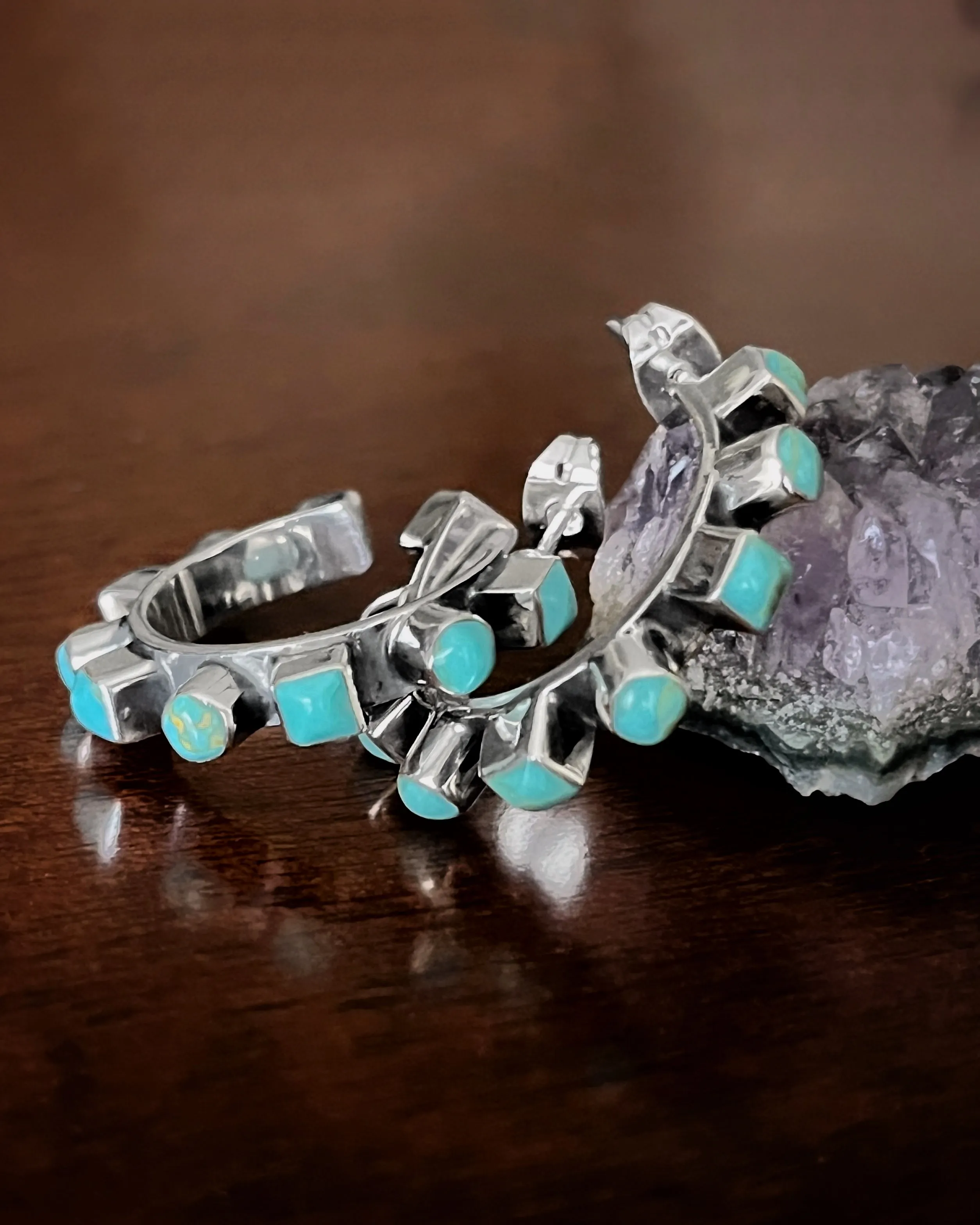 Made-to-order turquoise hoops in silver