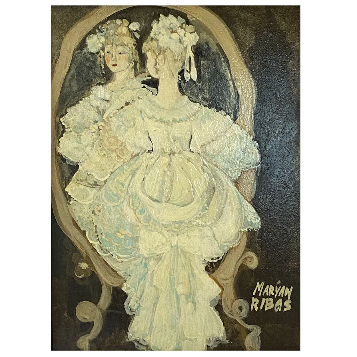 MARYAN RIBAS Oil on Canvas Painting, Victorian Girl at her Dressing Mirror