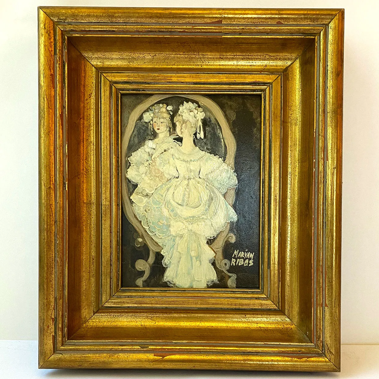 MARYAN RIBAS Oil on Canvas Painting, Victorian Girl at her Dressing Mirror