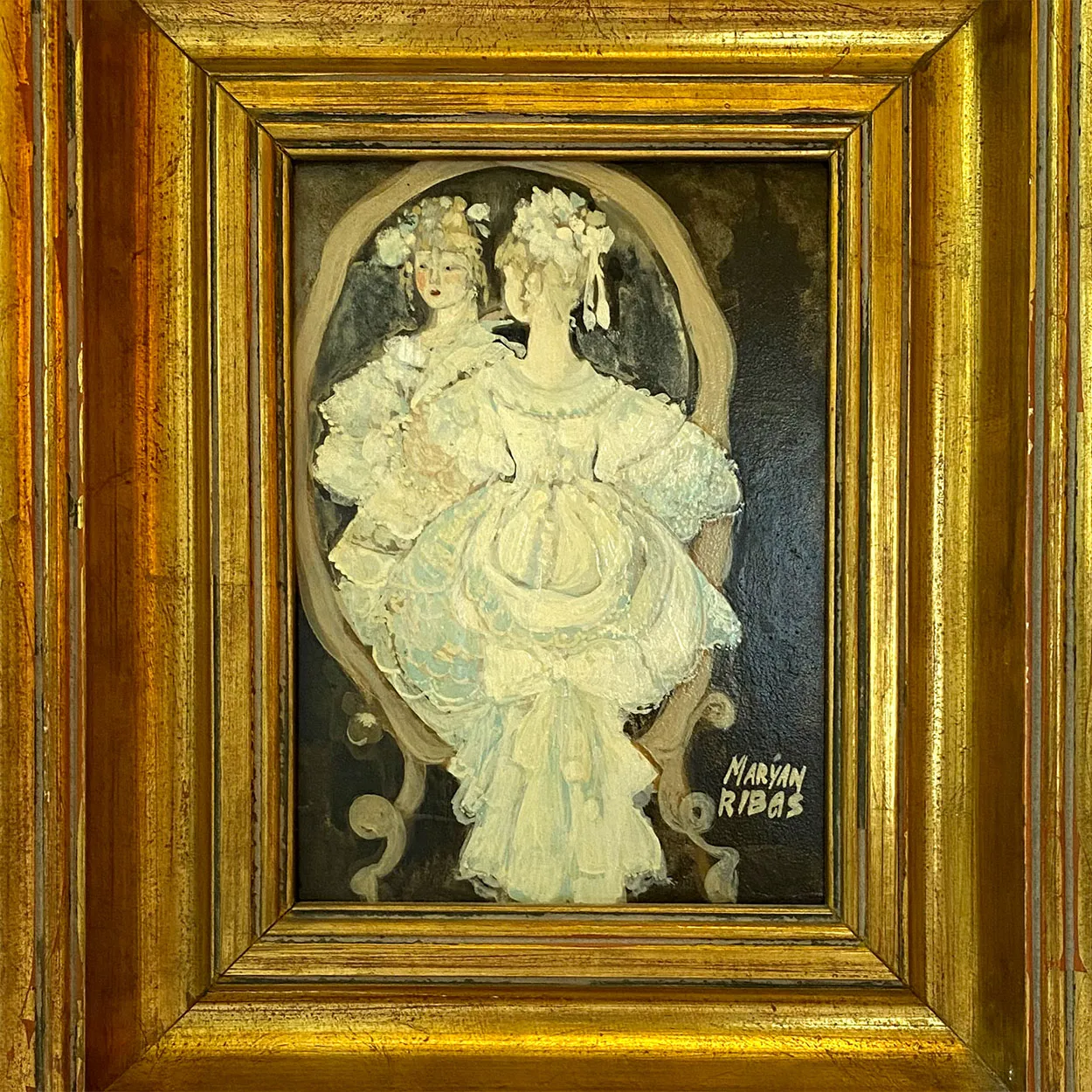 MARYAN RIBAS Oil on Canvas Painting, Victorian Girl at her Dressing Mirror