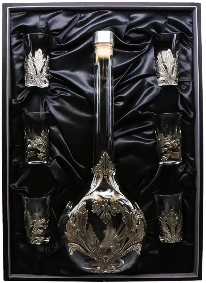 Medieval Portugal Pewter Vodka Decanter with Shot Glasses 7 Pc Set Metal Pattern Set