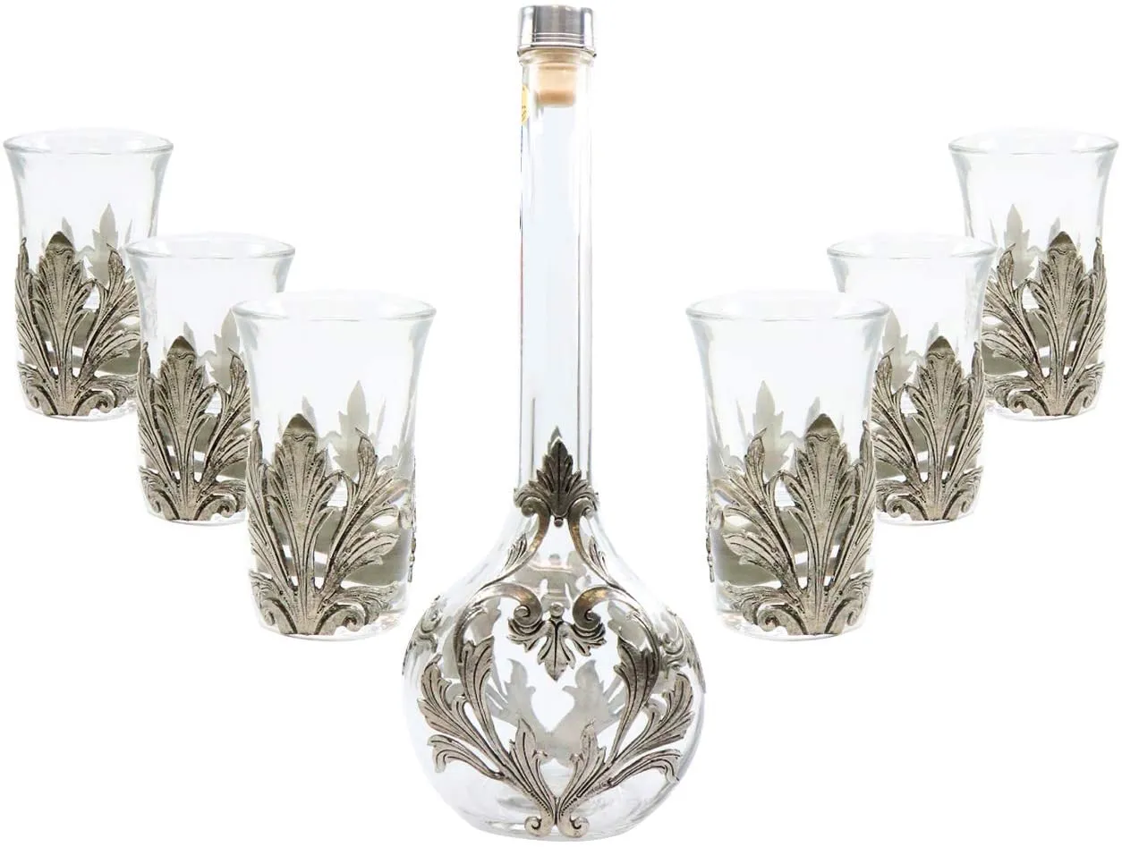 Medieval Portugal Pewter Vodka Decanter with Shot Glasses 7 Pc Set Metal Pattern Set