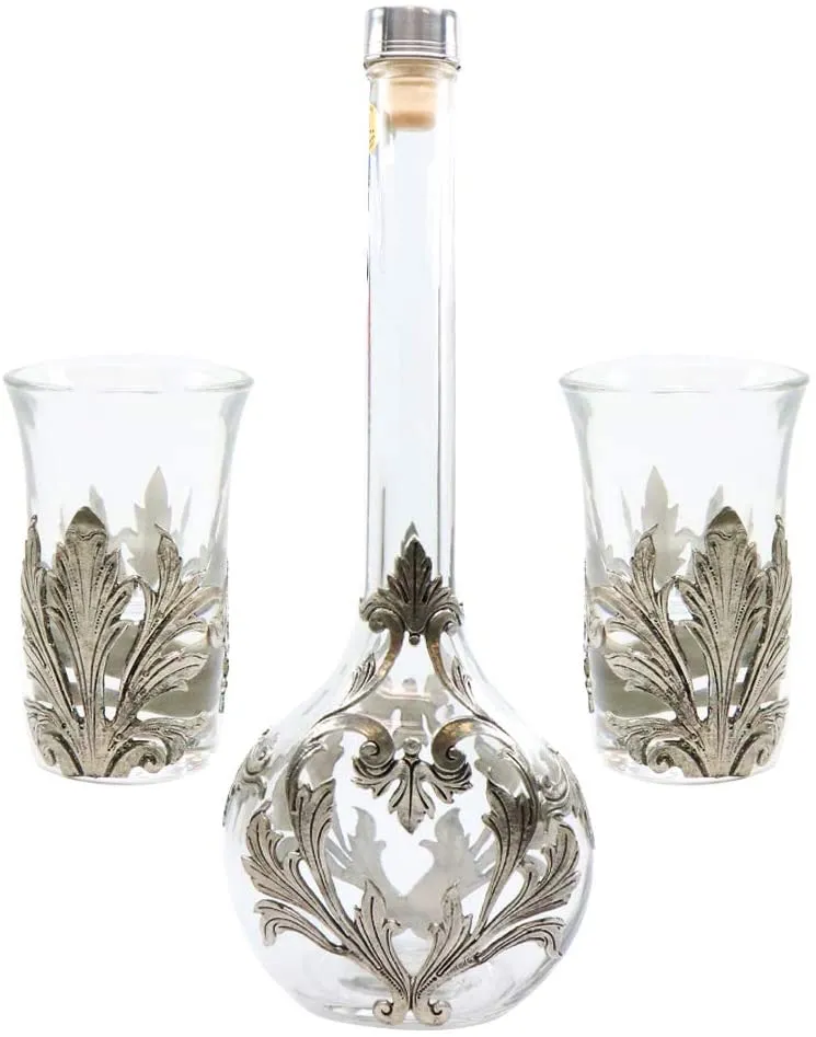 Medieval Portugal Pewter Vodka Decanter with Shot Glasses 7 Pc Set Metal Pattern Set