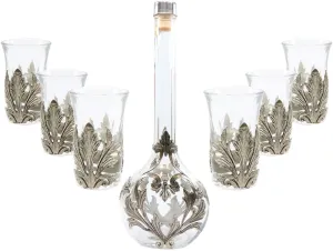 Medieval Portugal Pewter Vodka Decanter with Shot Glasses 7 Pc Set Metal Pattern Set