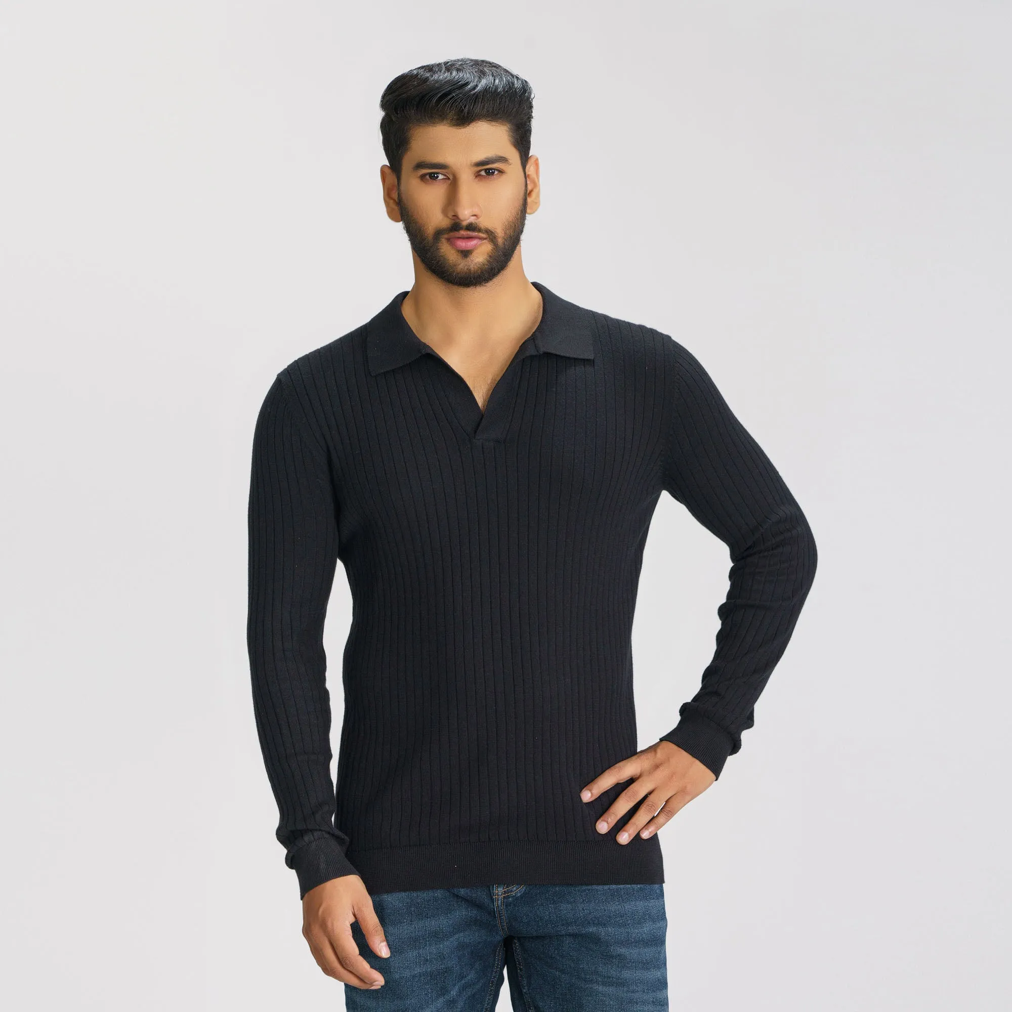 Mens Black Textured Polo Sweater