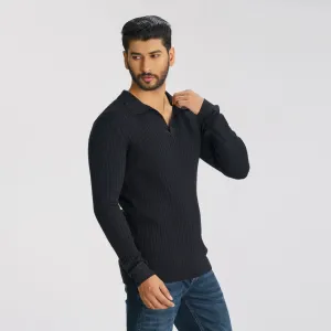 Mens Black Textured Polo Sweater