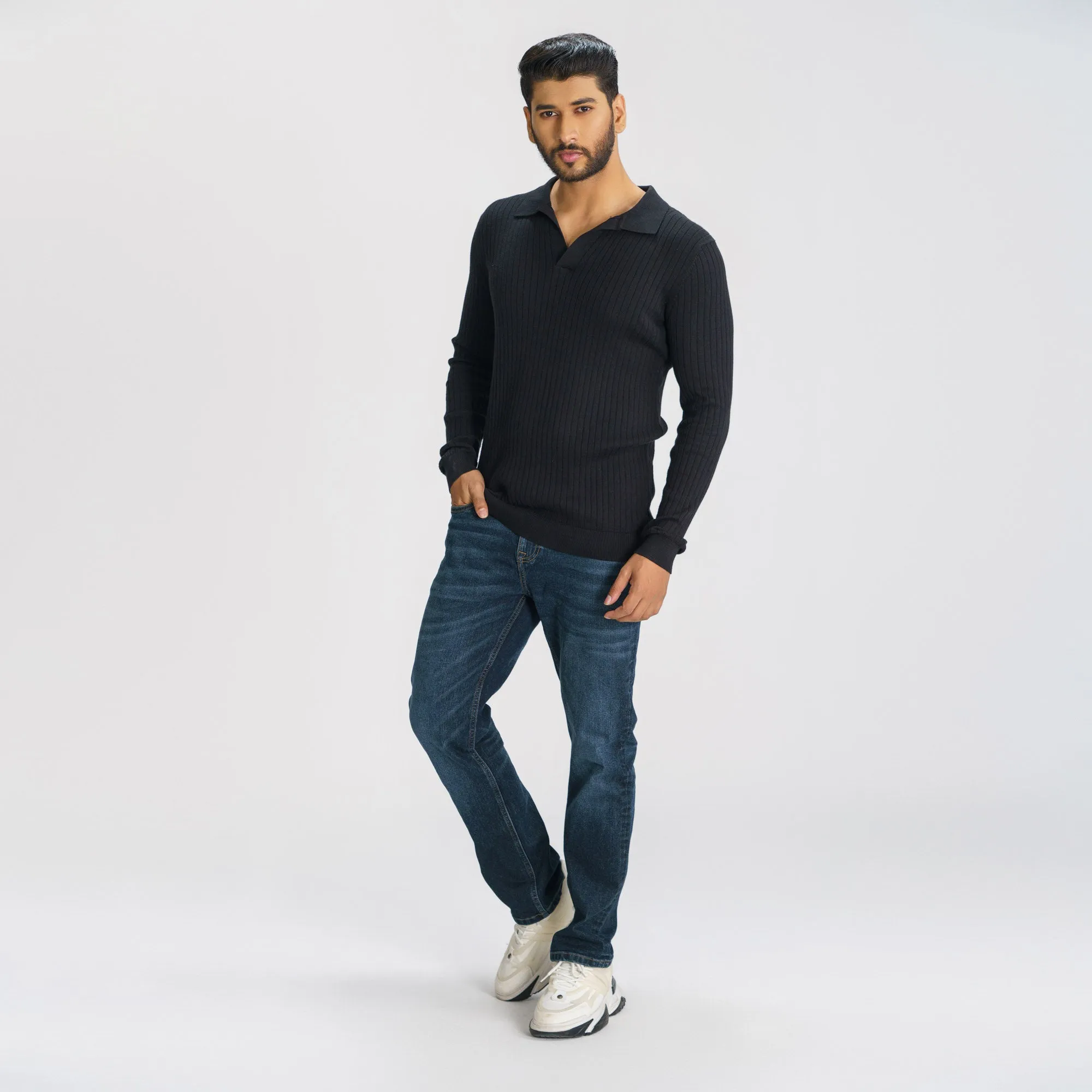 Mens Black Textured Polo Sweater