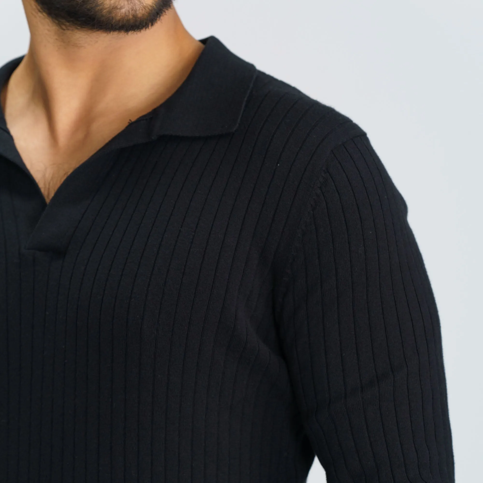 Mens Black Textured Polo Sweater