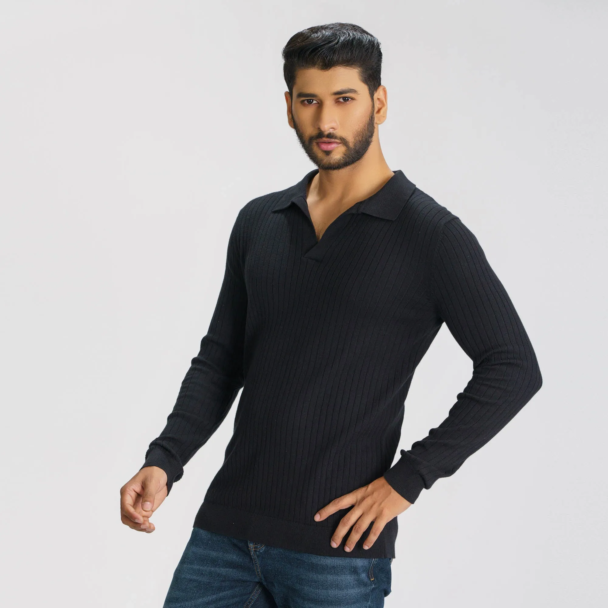 Mens Black Textured Polo Sweater