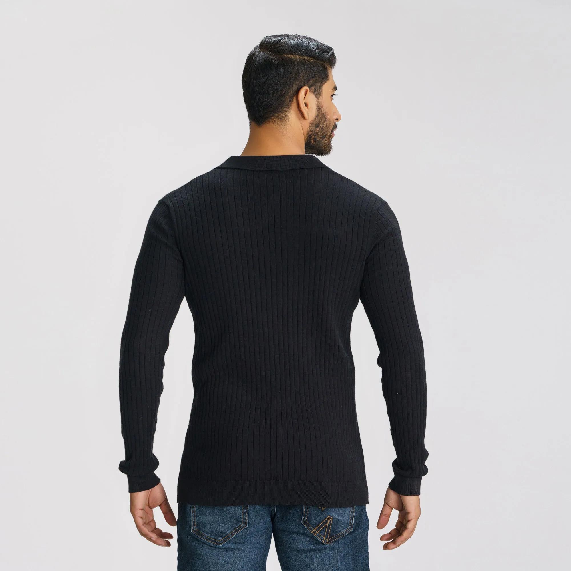 Mens Black Textured Polo Sweater