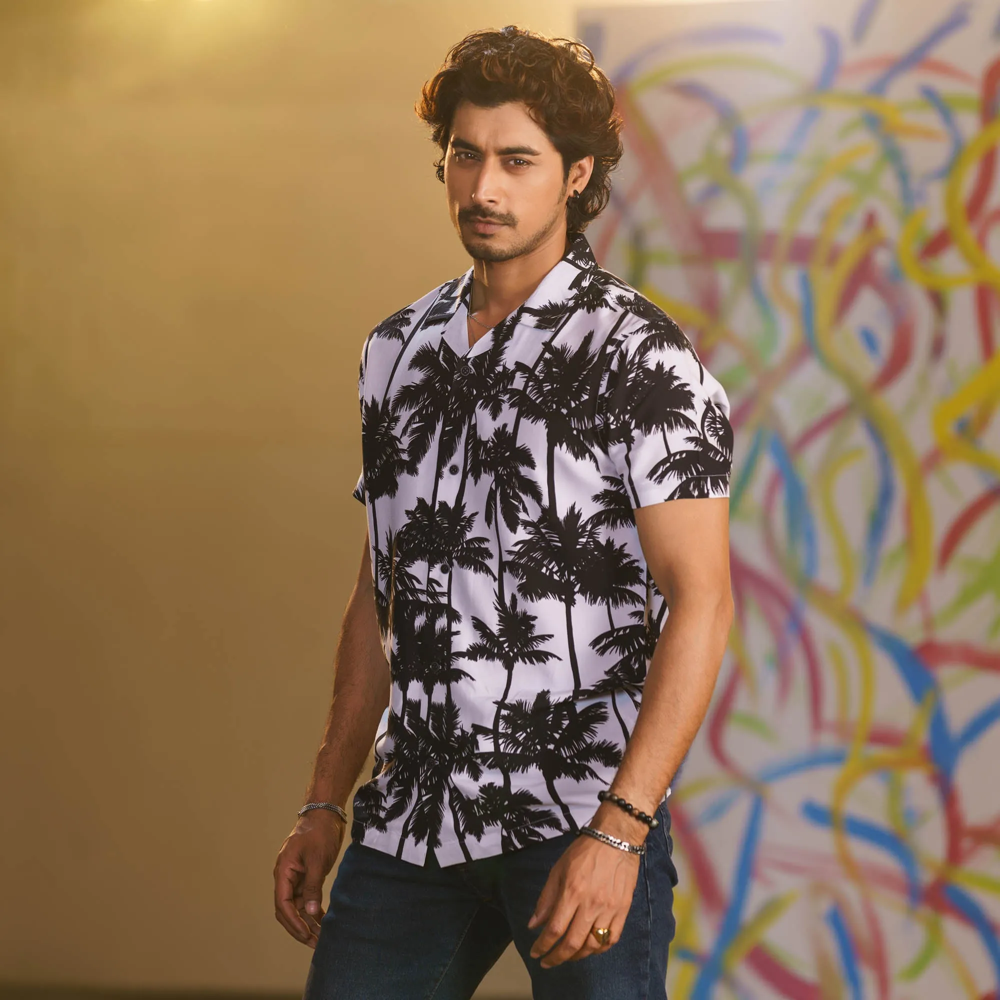 Mens Black-White Cuban Shirt