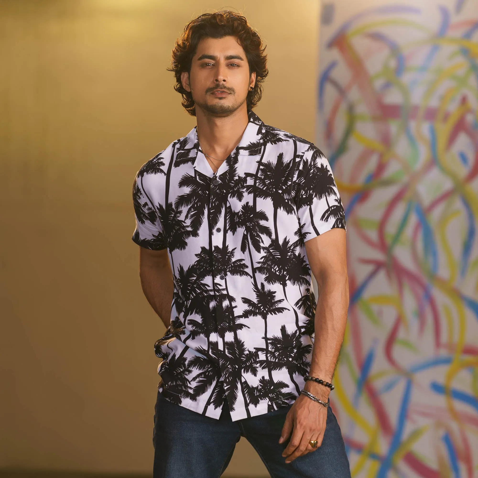 Mens Black-White Cuban Shirt