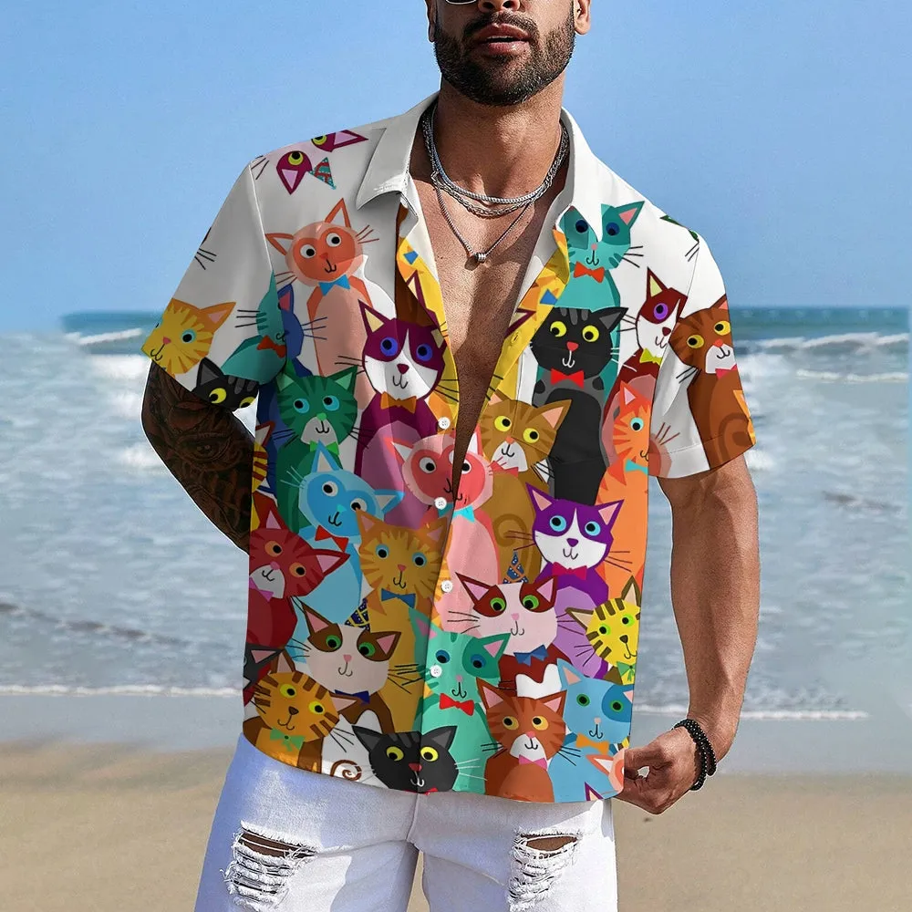 Men's Cartoon Cat Print Casual Fashion Short Sleeve Shirt 2307101539