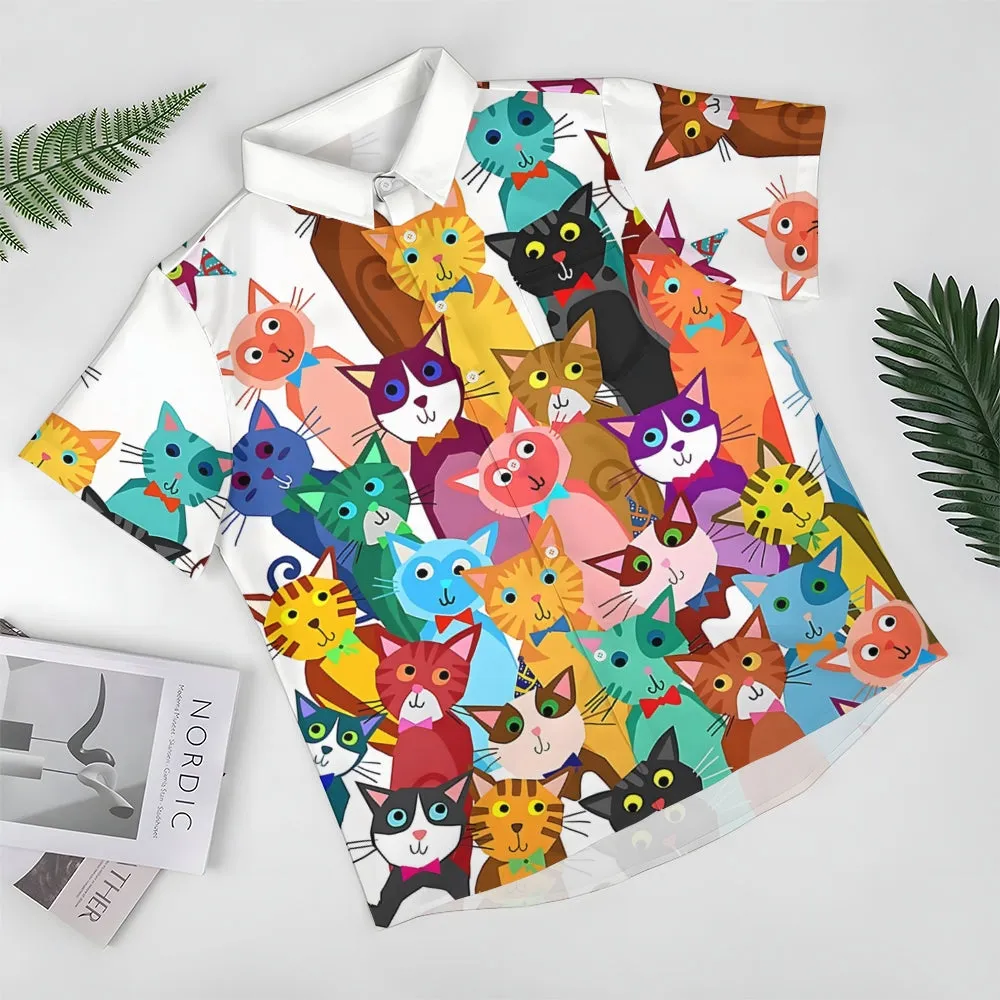 Men's Cartoon Cat Print Casual Fashion Short Sleeve Shirt 2307101539