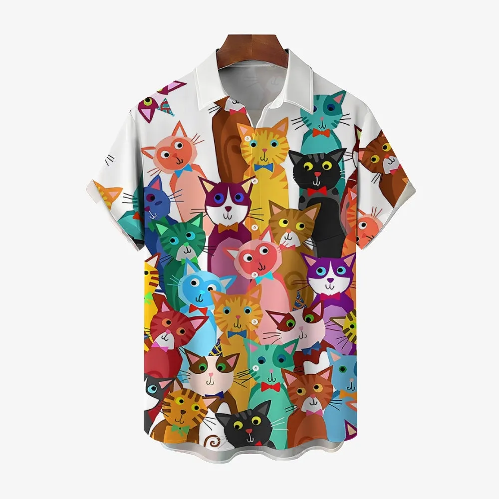 Men's Cartoon Cat Print Casual Fashion Short Sleeve Shirt 2307101539