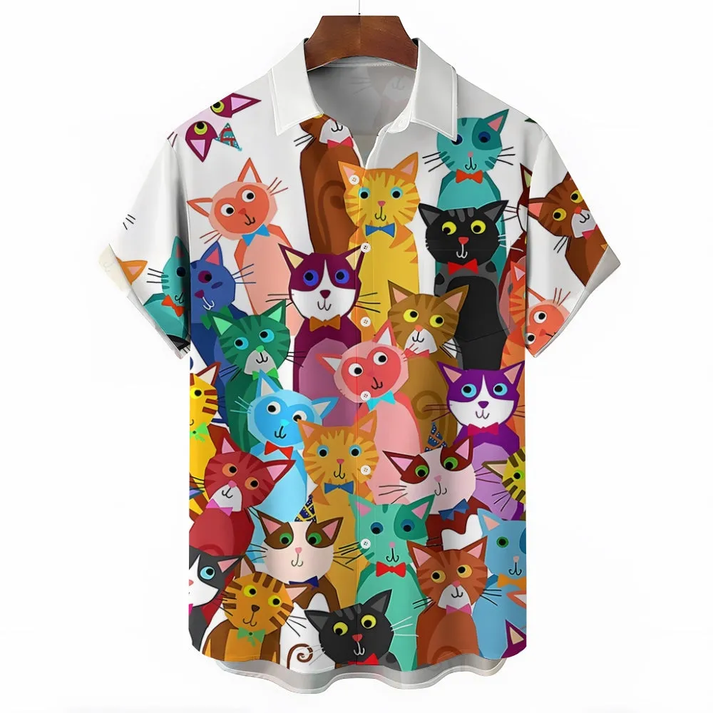 Men's Cartoon Cat Print Casual Fashion Short Sleeve Shirt 2307101539