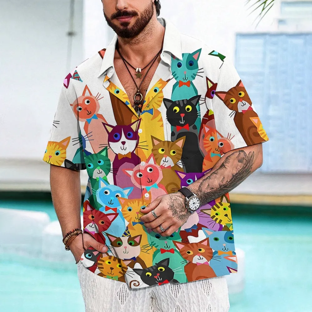 Men's Cartoon Cat Print Casual Fashion Short Sleeve Shirt 2307101539