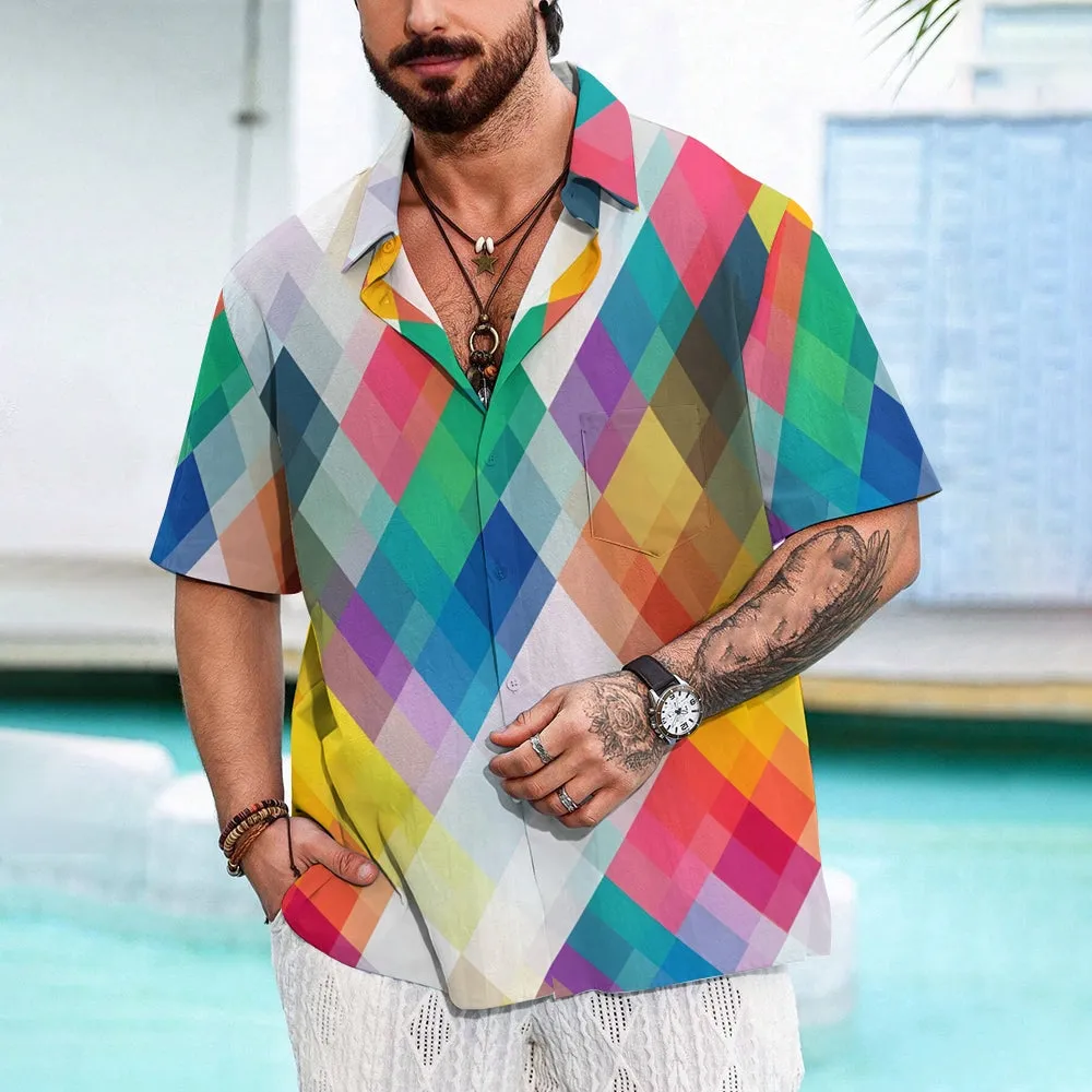 Men's Colorful Geometric Rhombus Casual Short Sleeve Shirt 2311000563