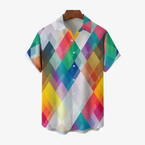 Men's Colorful Geometric Rhombus Casual Short Sleeve Shirt 2311000563