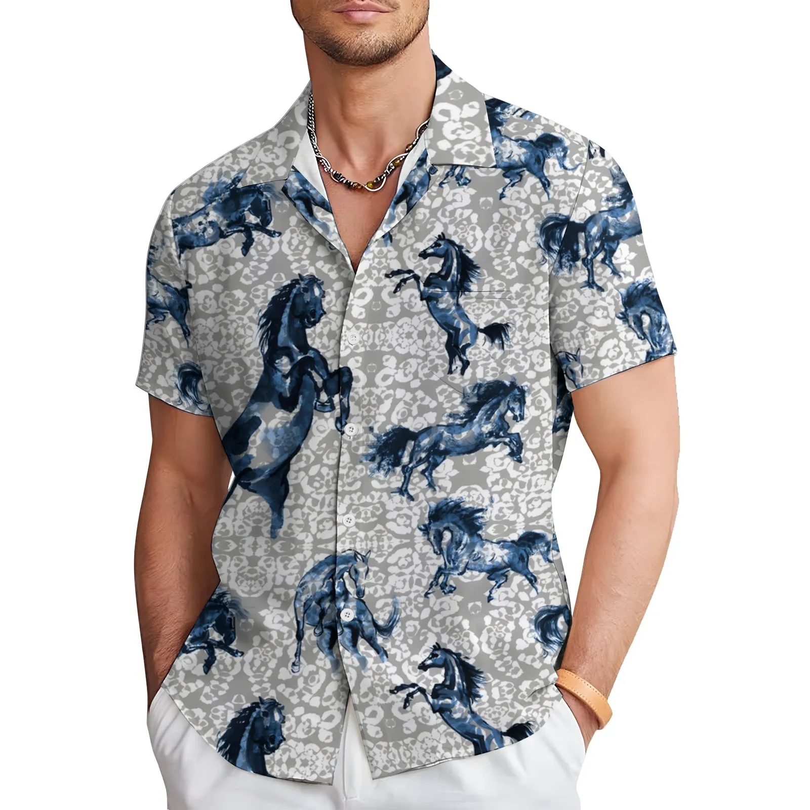 Men's Horse Casual Short Sleeve Shirt 2404000161