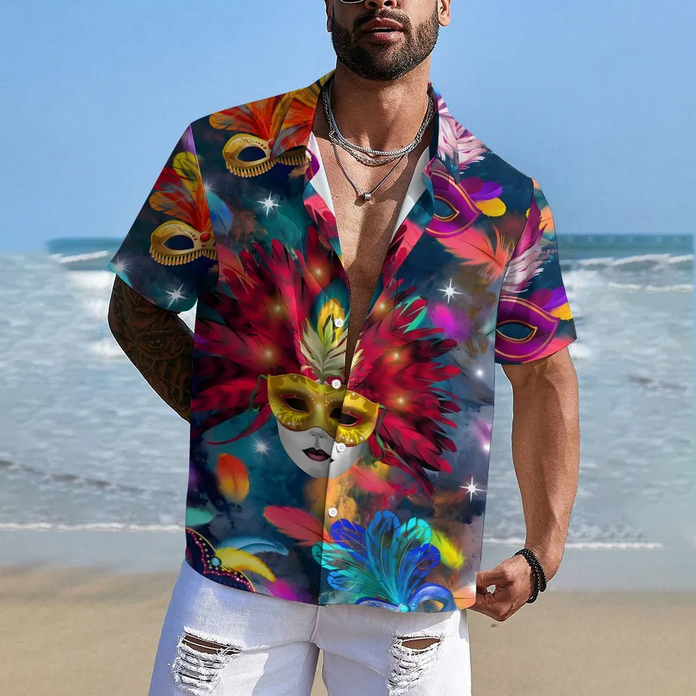 Men's Mardi Gras Mask Casual Short Sleeve Shirt 2312000373