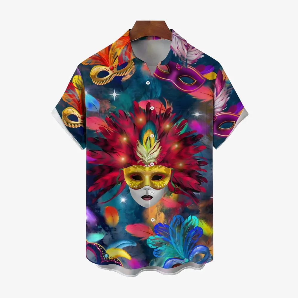 Men's Mardi Gras Mask Casual Short Sleeve Shirt 2312000373