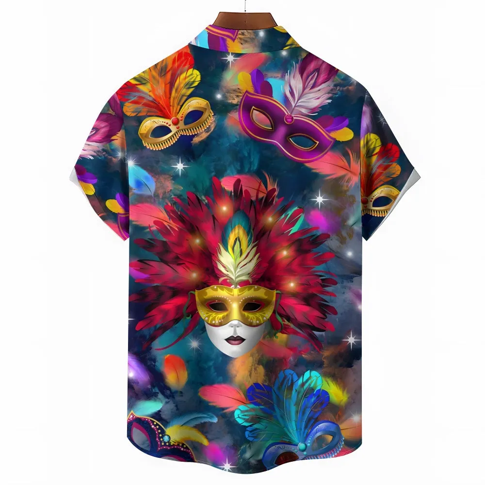 Men's Mardi Gras Mask Casual Short Sleeve Shirt 2312000373