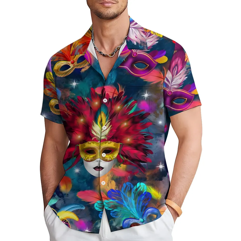 Men's Mardi Gras Mask Casual Short Sleeve Shirt 2312000373