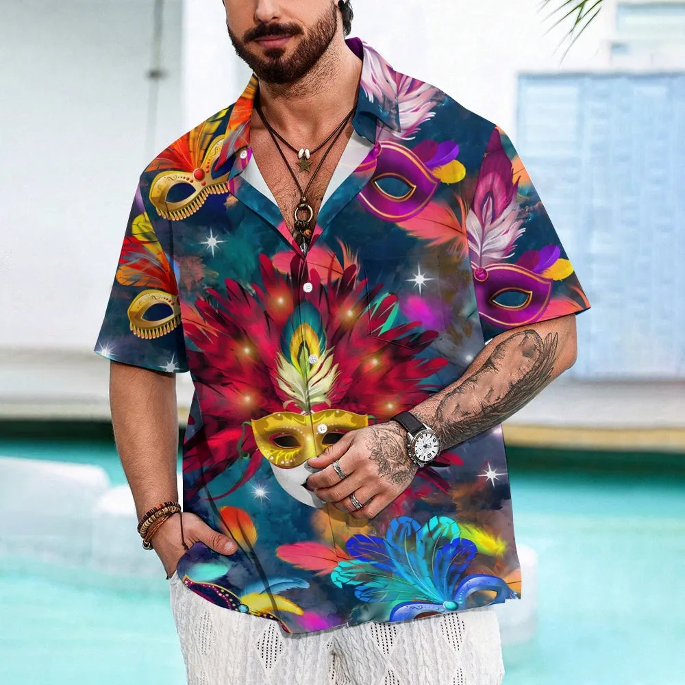 Men's Mardi Gras Mask Casual Short Sleeve Shirt 2312000373