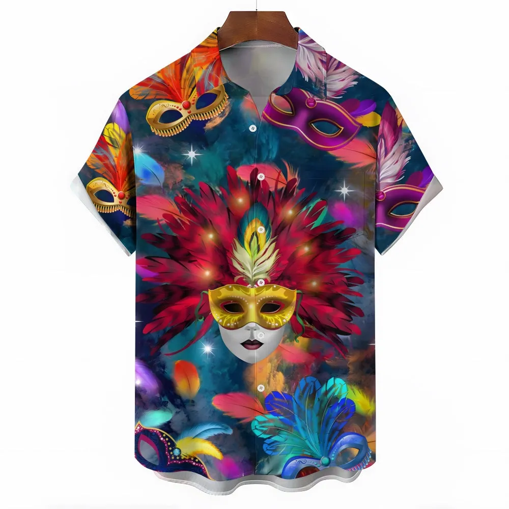 Men's Mardi Gras Mask Casual Short Sleeve Shirt 2312000373