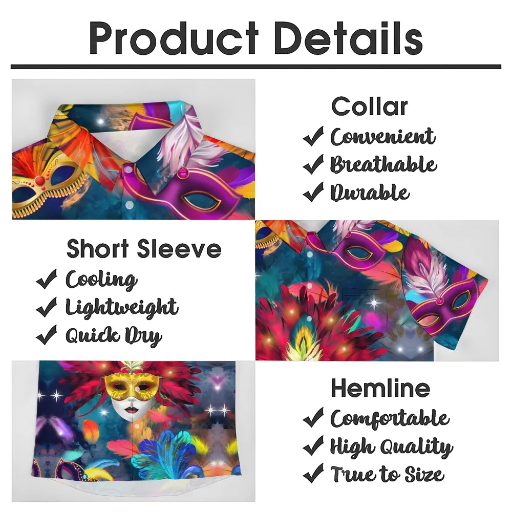 Men's Mardi Gras Mask Casual Short Sleeve Shirt 2312000373
