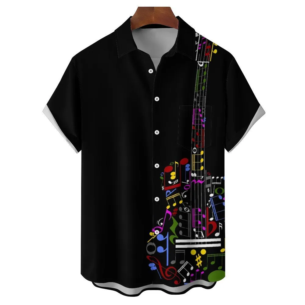 Men's Musical Note Guitar Casual Short Sleeve Shirt 2401000404
