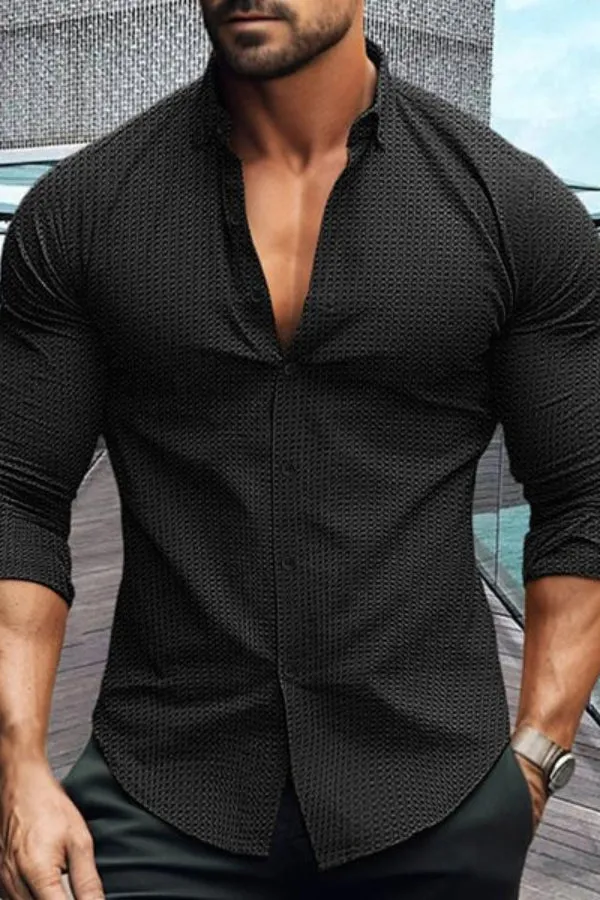 MEN'S SOLID COLOR LAPEL LONG SLEEVE WAFFLE CASUAL SHIRT