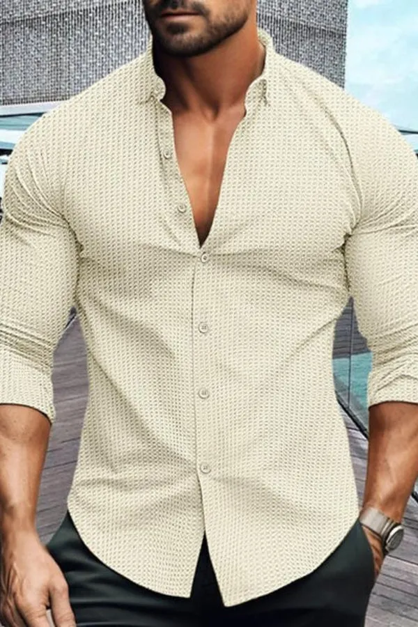 MEN'S SOLID COLOR LAPEL LONG SLEEVE WAFFLE CASUAL SHIRT