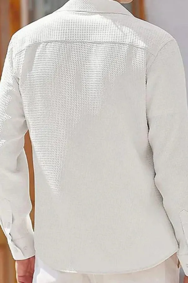 MEN'S SOLID COLOR LAPEL LONG SLEEVE WAFFLE CASUAL SHIRT