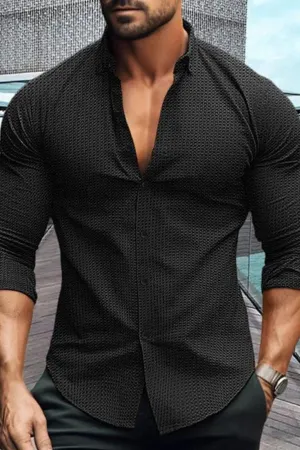 MEN'S SOLID COLOR LAPEL LONG SLEEVE WAFFLE CASUAL SHIRT