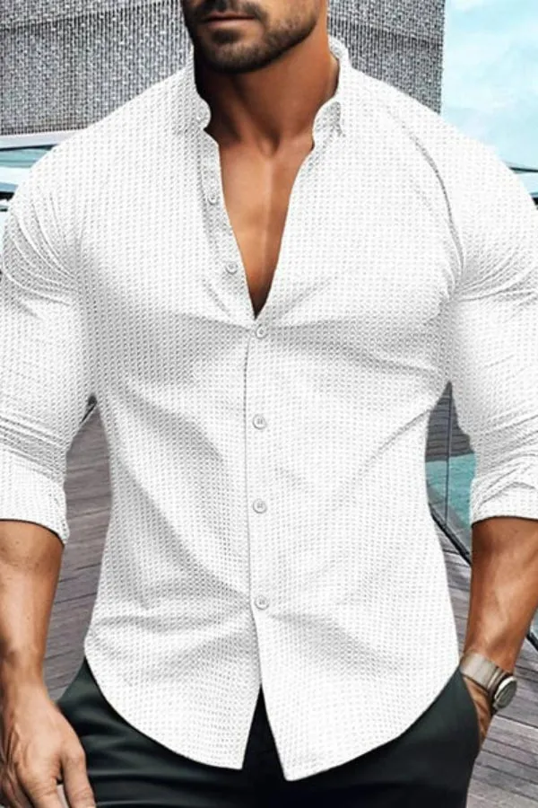 MEN'S SOLID COLOR LAPEL LONG SLEEVE WAFFLE CASUAL SHIRT