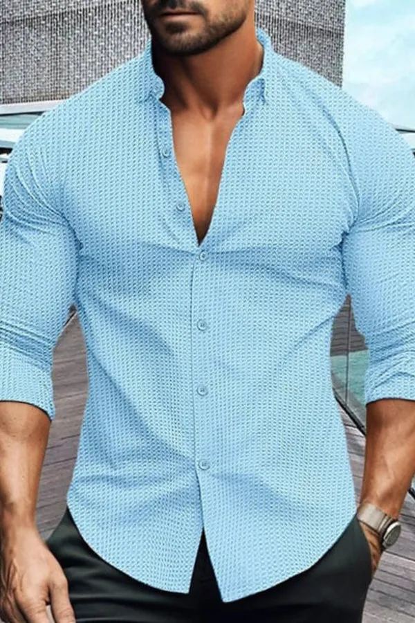 MEN'S SOLID COLOR LAPEL LONG SLEEVE WAFFLE CASUAL SHIRT