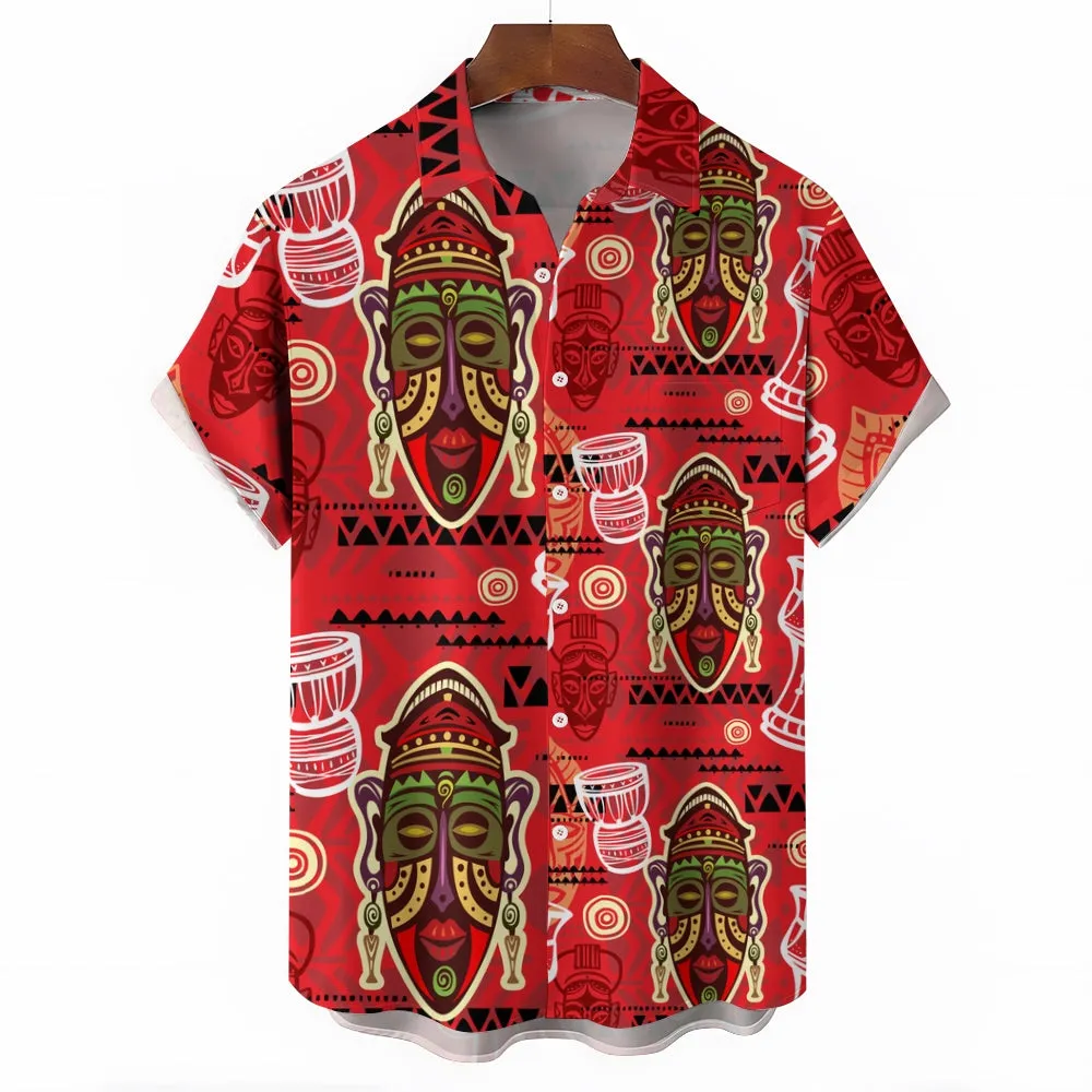 Men's Tribal Mask Casual Short Sleeve Shirt 2403000924