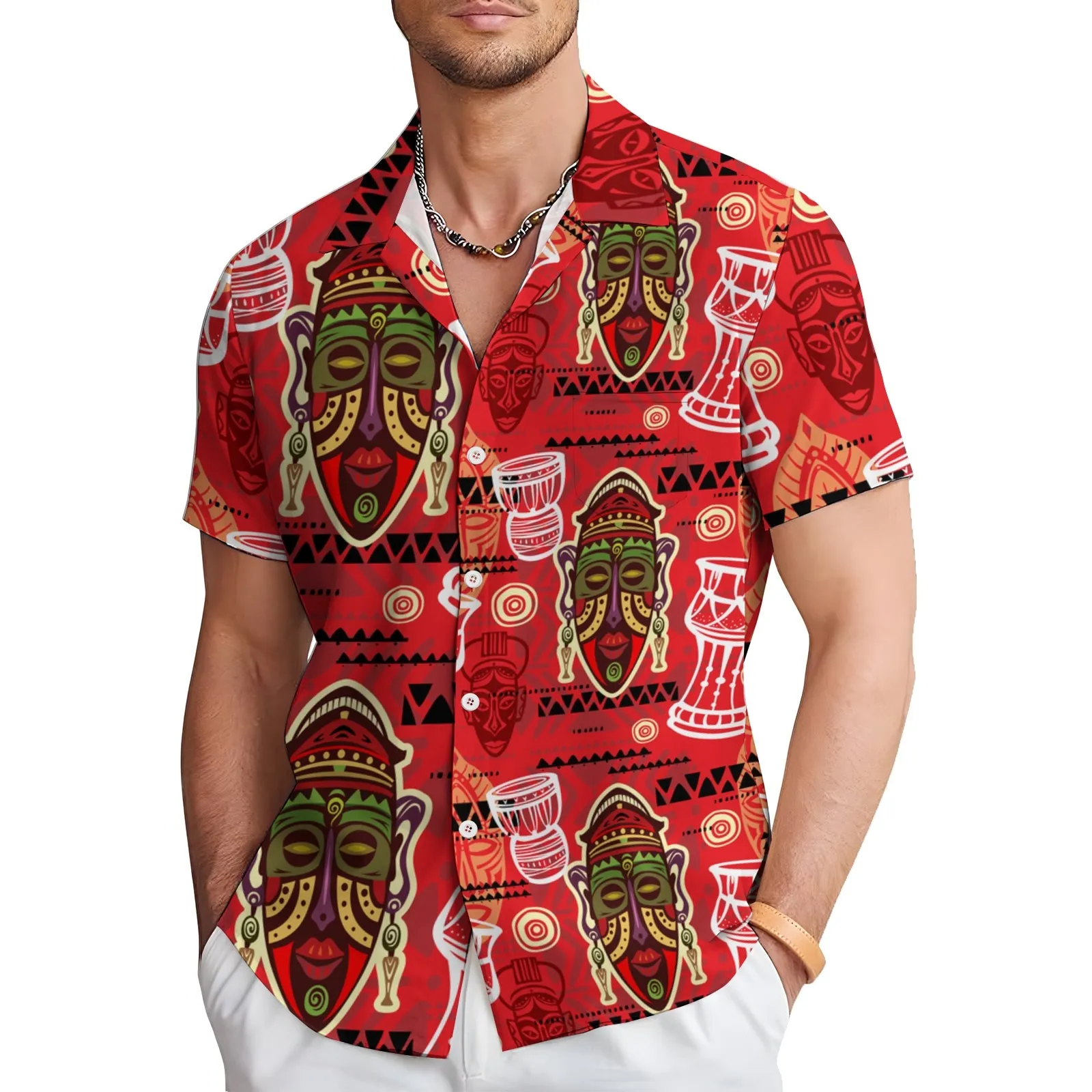 Men's Tribal Mask Casual Short Sleeve Shirt 2403000924