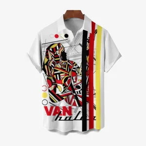 Metallic Rock Print Bowling Shirt Casual Short Sleeve Shirt 2404000844