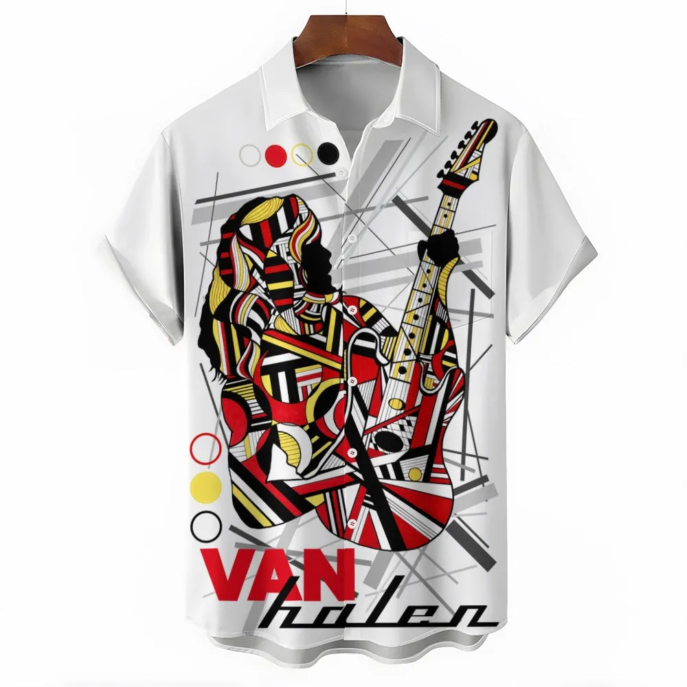 Metallic Rock Print Bowling Shirt Casual Short Sleeve Shirt 2404000844