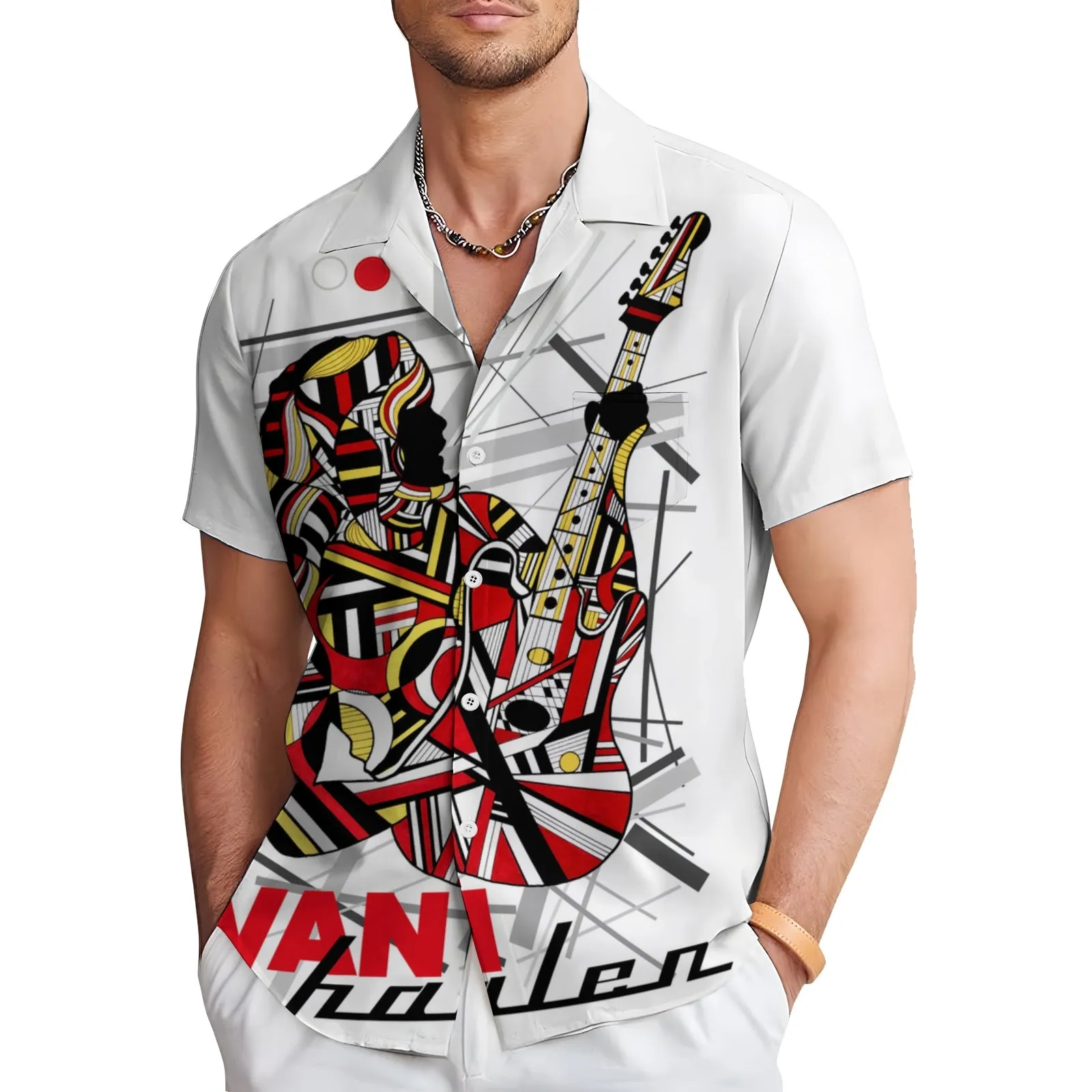 Metallic Rock Print Bowling Shirt Casual Short Sleeve Shirt 2404000844