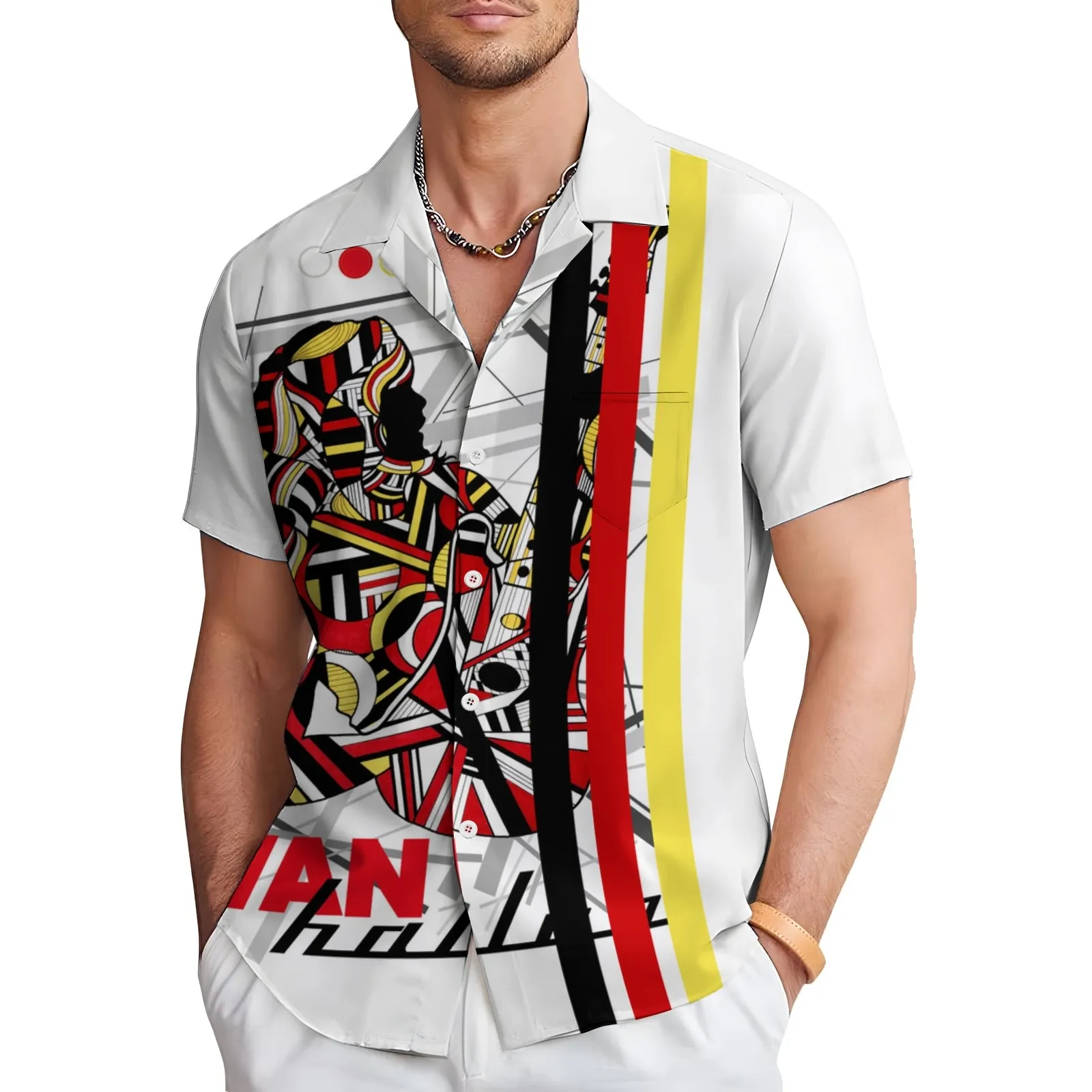 Metallic Rock Print Bowling Shirt Casual Short Sleeve Shirt 2404000844