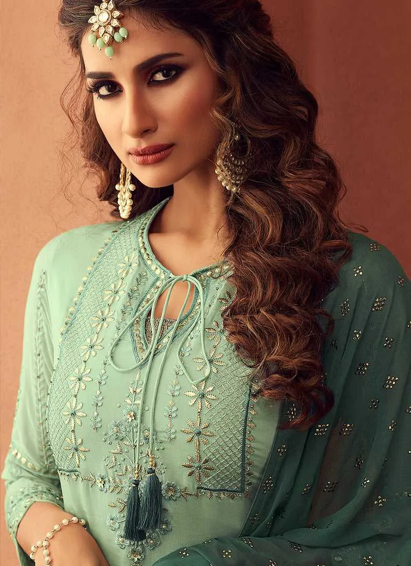 Mint Green Heavy Embroidered Sharara Style Suit