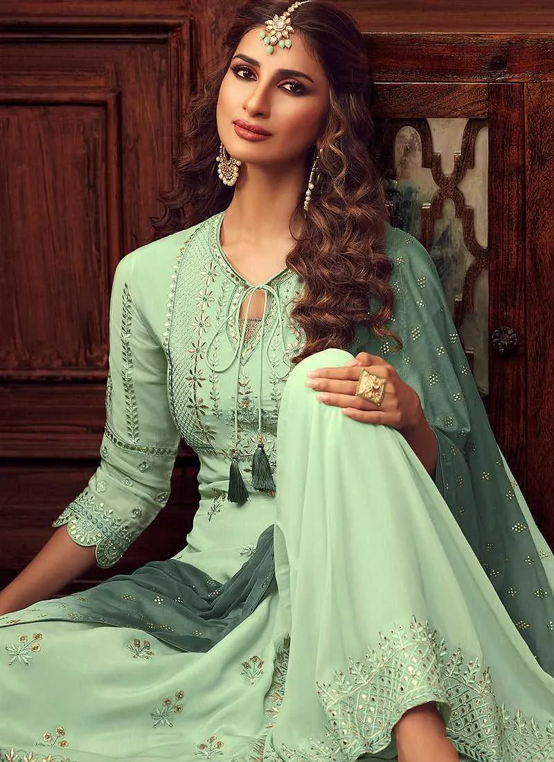 Mint Green Heavy Embroidered Sharara Style Suit