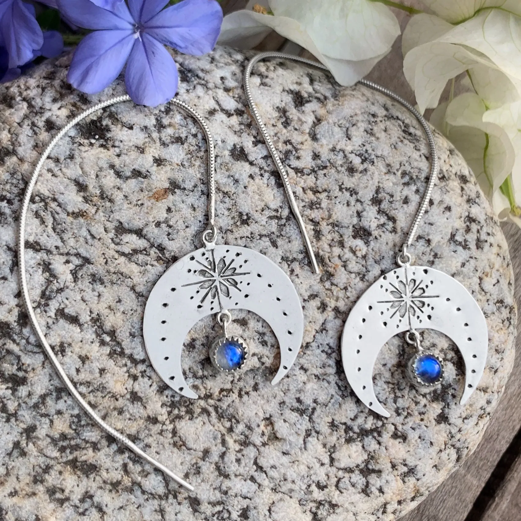 Moon & moonstone threader earrings in silver